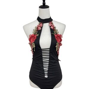 Black Floral Embroidered Halter Bodysuit Cutout Y2K Party Top size M